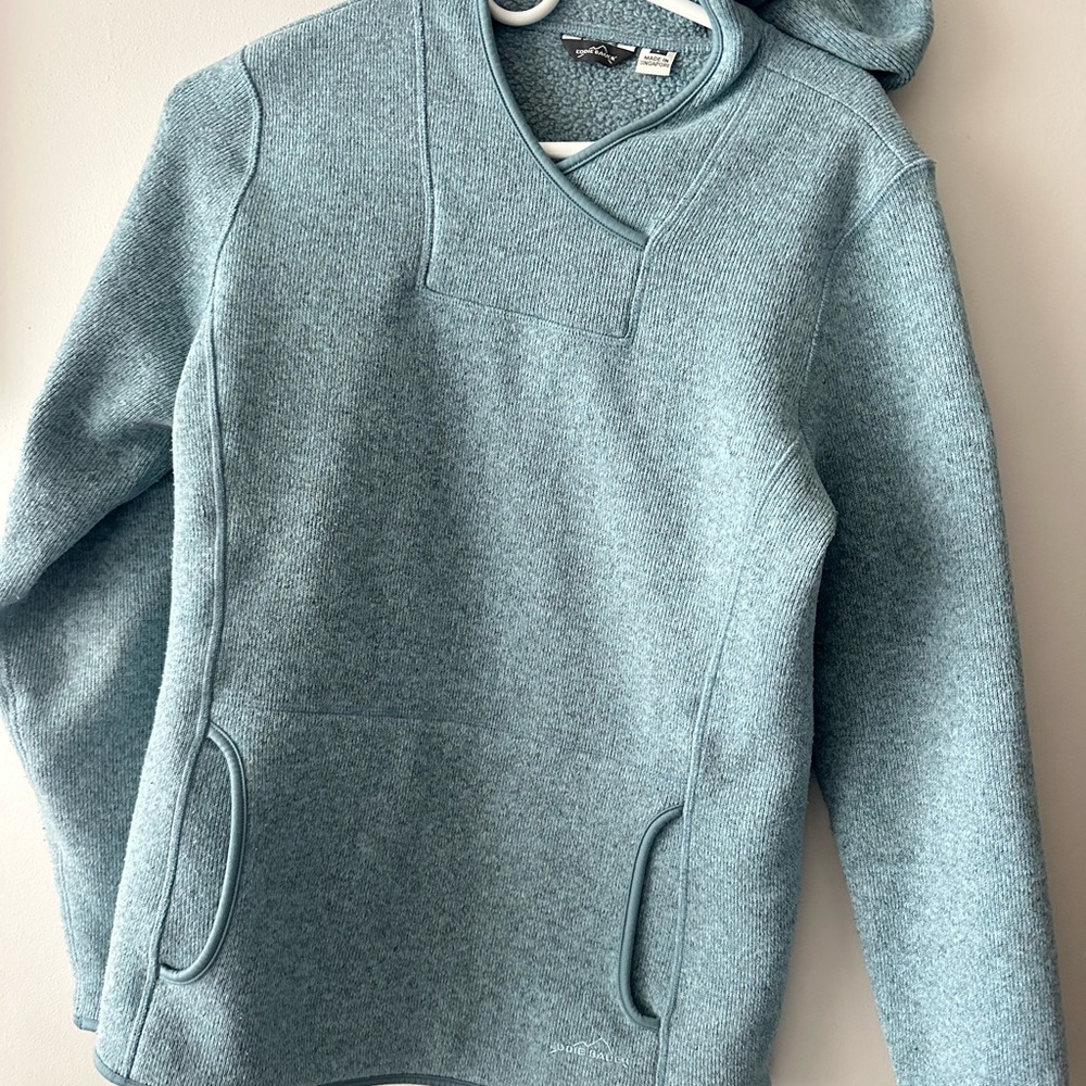 Eddie Bauer Sweater Women Sz L Hoodie Fleece Pullover Heather Blue
